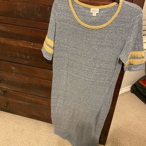 Baseball jersey sleeve blue and yellow soft knit dress.
